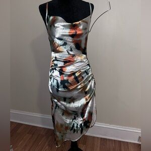SHEIN Satin Midi Dress with Multicolor Pattern